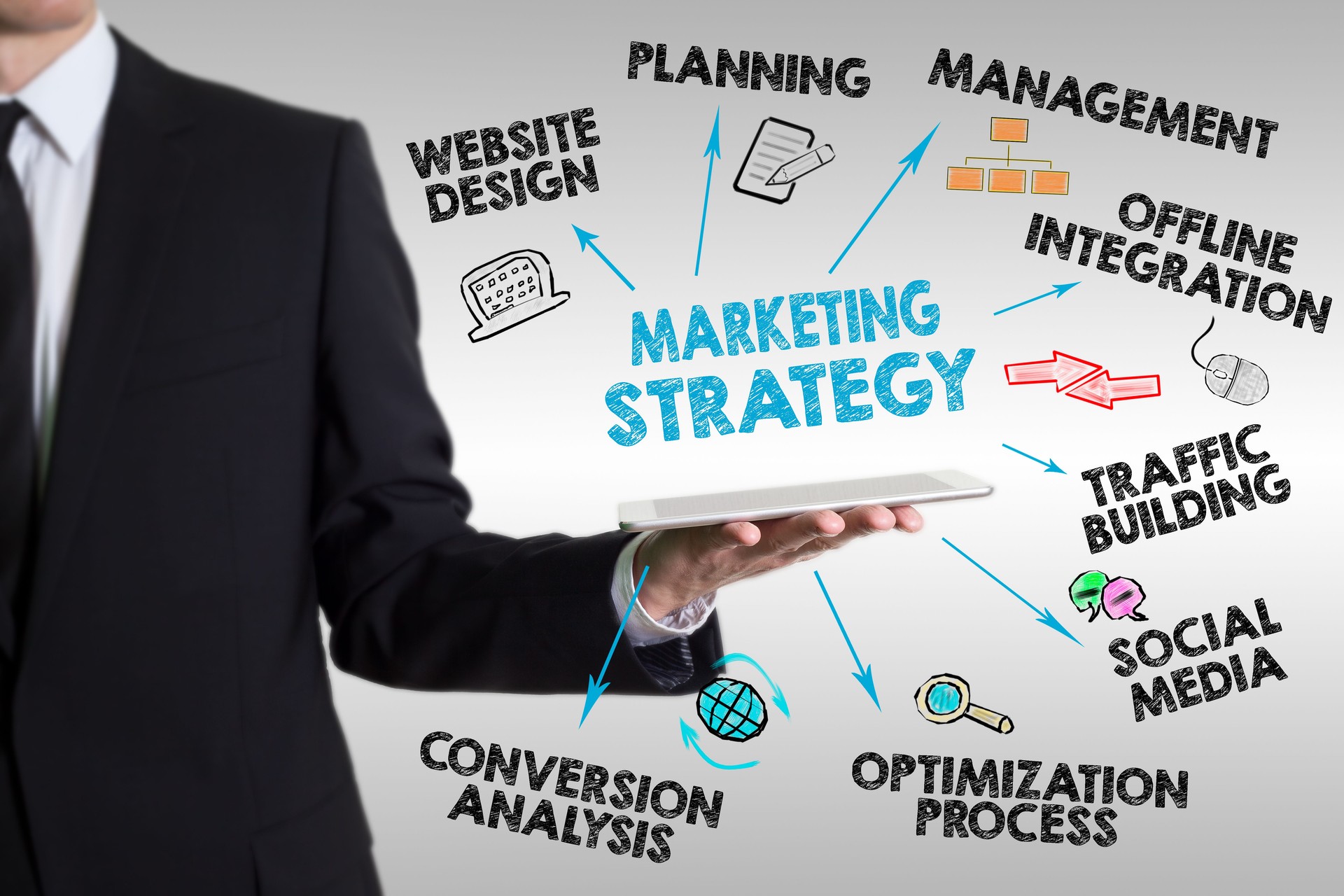 Marketing Strategy concept, young man holding a tablet computer